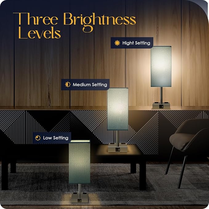 Bedside Lamp with USB Ports - Touch Control Table Lamp for Bedroom with USB C+A Charging Ports & AC Outlets, 3 Way Dimmable Nightstand Light with Flaxen Shade for Living Room (LED Bulb Included, Blue) - Image 2