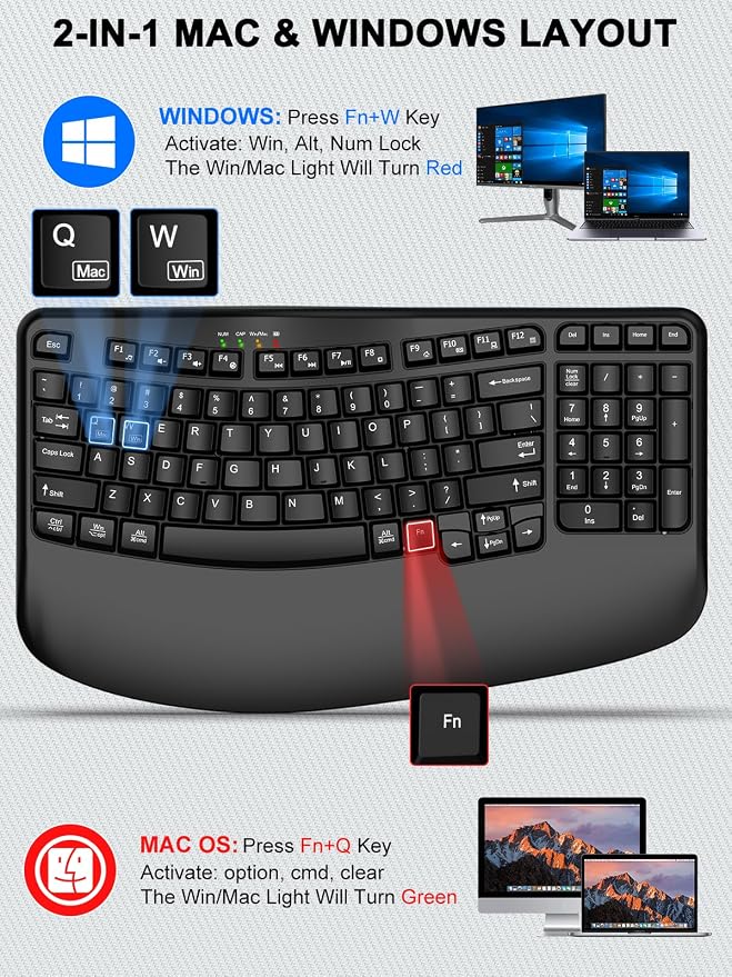 EDJO Wireless Ergonomic Keyboard with Wrist Rest, Wave Keys | Comfortable Natural Typing, Multimedia Hotkeys,2.4GHz,For Large Hands,Windows, Mac, Laptop, PC - Image 6