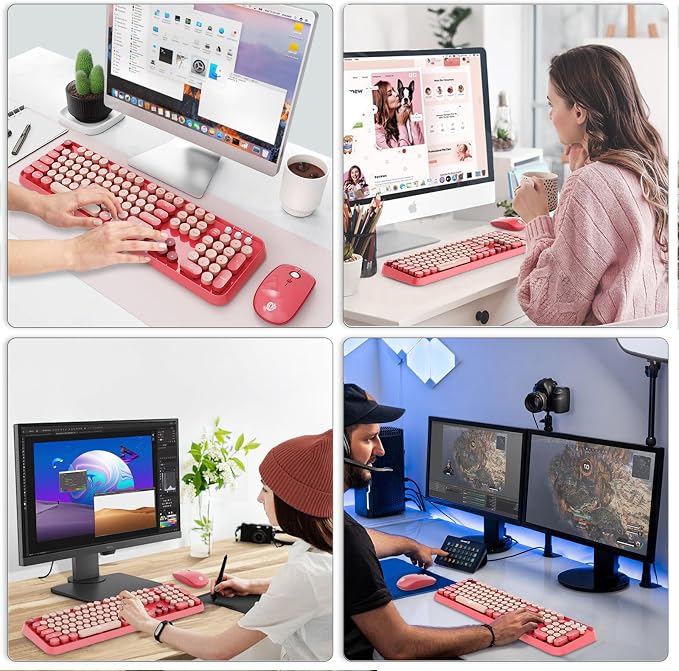 Wireless Keyboard and Mouse Combo | Cute Colorful Keyboard and Mouse with 2.4GHz Cordless Retro Typewriter Keyboard | Auto-Sleep | USB Receiver for Windows PC/Laptop - Pink Colorful - Image 7