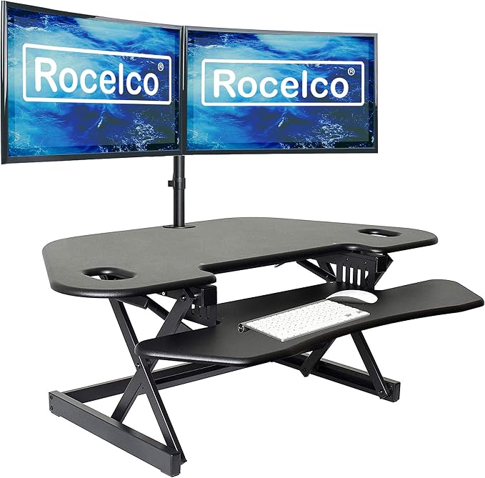Rocelco 46" Height Adjustable Corner Standing Desk Converter with Dual Monitor Arm Bundle - Quick Sit Stand Up Computer Workstation Riser - Extra Large Keyboard Tray - Black (R CADRB-46-DM2) - Image 7