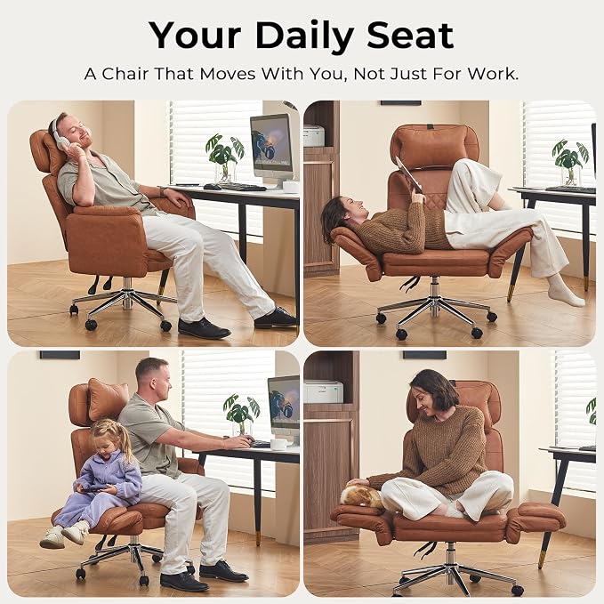 Big and Tall Ergonomic Office Chair, Criss Cross Desk Chair with Pivot Arms | High Back Executive Leather Chair with Spring Seat, Wide Computer Gaming Chair for Home, Makeup & Bedroom, Brown, 49.6”H×22”W - Image 4