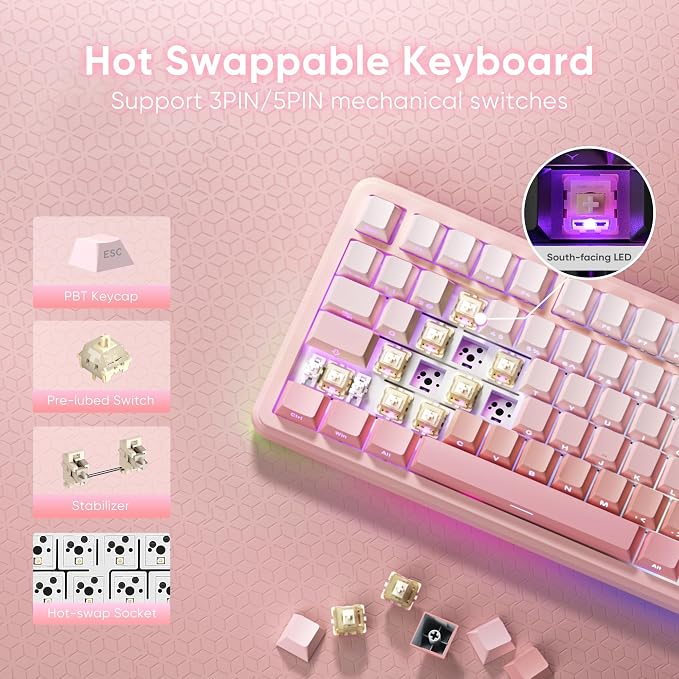 RedThunder K75 Wireless Mechanical Gaming Keyboard, 75% Hot Swappable Creamy Keyboard with Knob, RGB Backlit, Pre-lubed Switches, Side Engraved PBT Keycaps, Wireless/Wired/BT5.0, Gradient Sakura Pink - Image 6