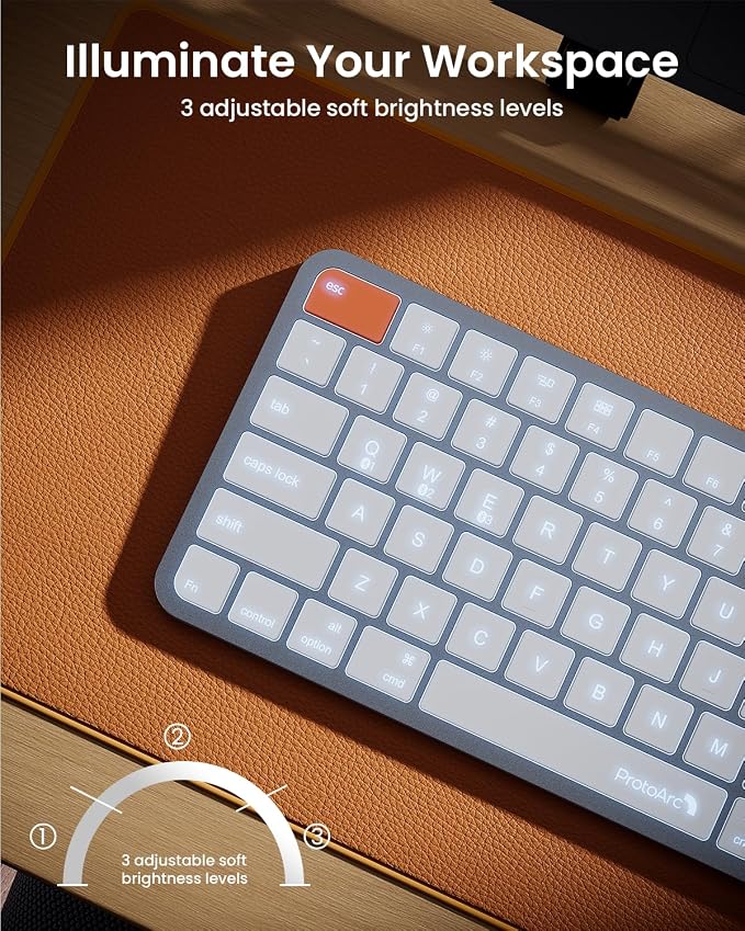 ProtoArc K90-A Backlit Bluetooth Keyboard for Mac/iPad, White Silver | Compact Wireless Mac Keyboard, 78-Key, No Numpad, 3-Level White Led Backlight, Multi-Device, Low-Profile, Rechargeable - Image 4