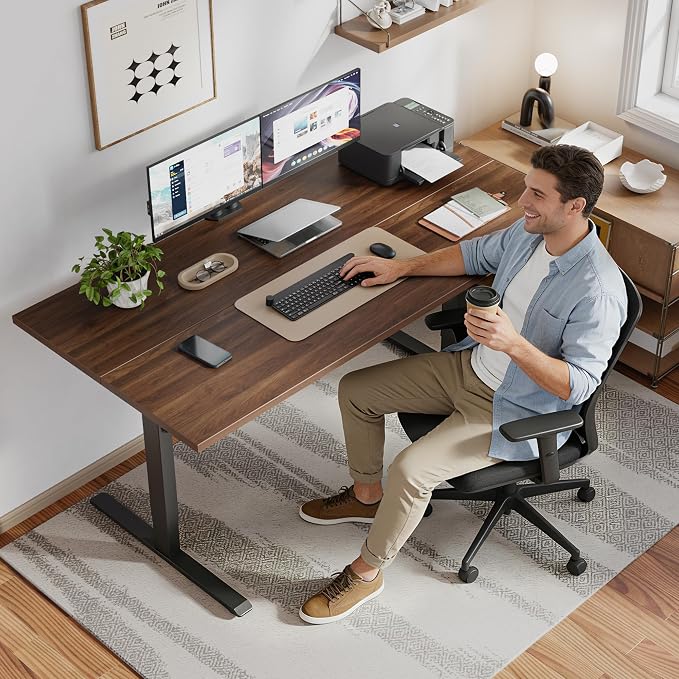 Klicelor 55 x 28 Electric Standing Desk, Sit Stand Up Home Office Desk, Height Adjustable Deep Cumputer Table with Memory Presets and Hooks, Two Pieces, Dark Walnut - Image 2