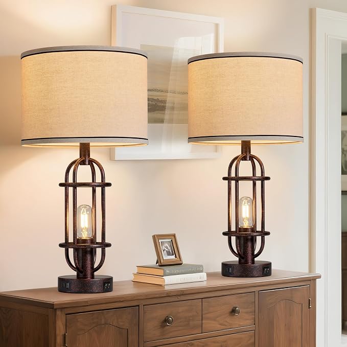 Reaketon 22.3" Table Lamps for Living Room Set of 2, Farmhouse Lamps for Nightstand, Vintage Table Lamps for Bedroom with USB Ports, Bulbs Included - Image 4