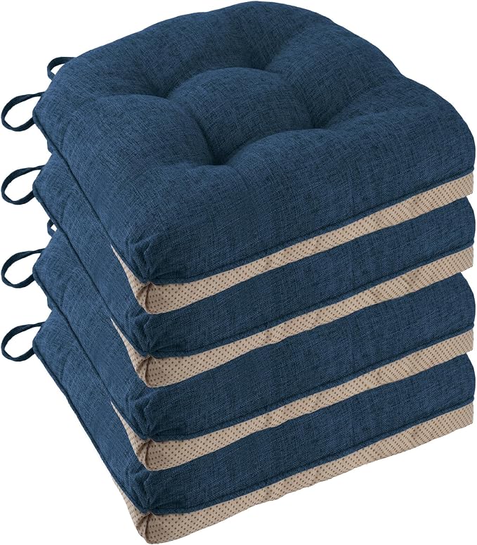 Chair Cushions for Dining Chairs Set of 4, 18"x18"x3", Navy | Non-Slip with Ties, Tufted, Faux Linen, Seat Cushions for Dining Room Kitchen Breakfast Nook Indoor Home Office Living Room by FlyGulls