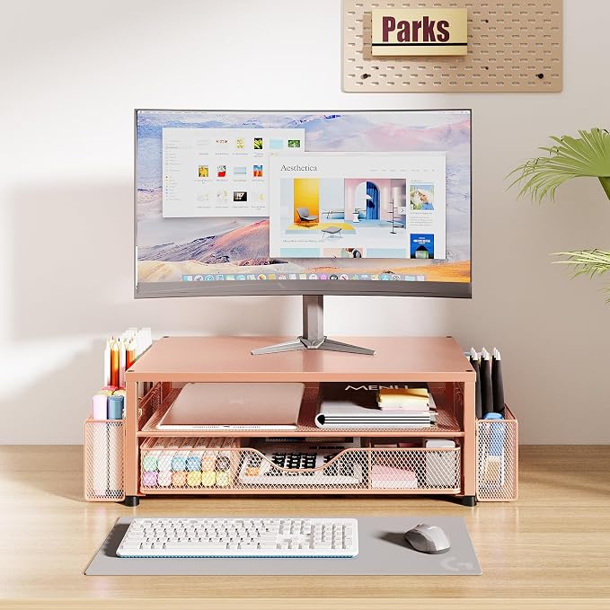 Desk Organizer and Accessories, 2-Tier Computer Monitor Stand Riser with Drawer and 2 Pen Holders, Laptop Stand, Office Desk Accessories for Office Supplies, 1 Pack, Rose - Image 2