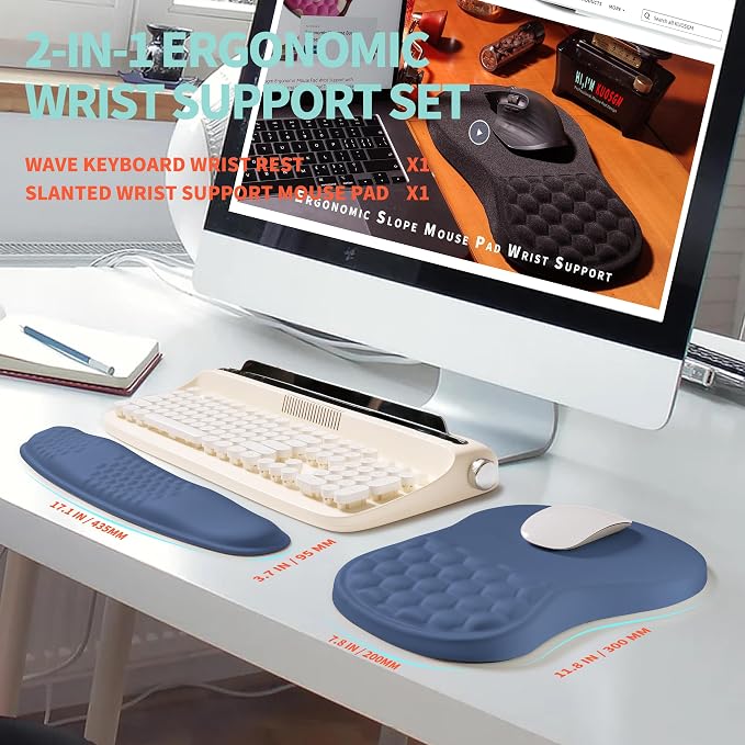2-in-1 Ergonomic Set, Wave Rise Keyboard Wrist Rest and Massage Bulge Slope Mouse Pad Wrist Support, Cushion Memory Foam Integrated to Relieve Wrist Pain, Dark Blue - Image 5