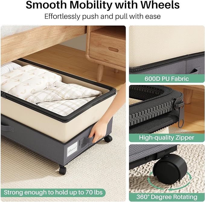 Kitstorack 4 Pack Height-adjustable Under Bed Storage with Wheels, Under Bed Storage Containers,Under Bed Shoe Storage Organizer with Clear Window&Label, Suitable for Clothes Storage, Beige & Gray - Image 4