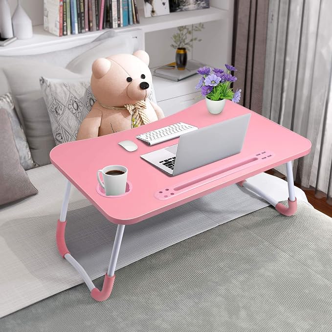 Slendor Foldable Lap Desk with Cup Holder for Bed, Couch, Floor | Portable,with USB Light, Fan, Pen Holder,Tablet Holder,for Laptop,Writing,Eating, Pink - Image 2