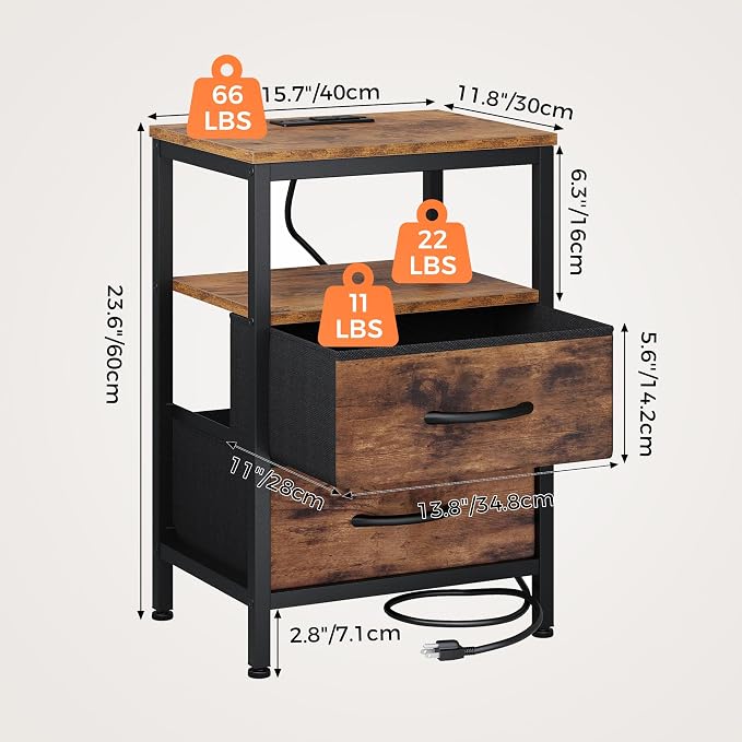 OLIXIS Nightstand with Charging Station, Beside Table with Fabric Drawers | 3-Tier End Table with Storage Shelf, Night Stand with USB Ports and Outlets for Bedroom, Rustic Brown - Image 3
