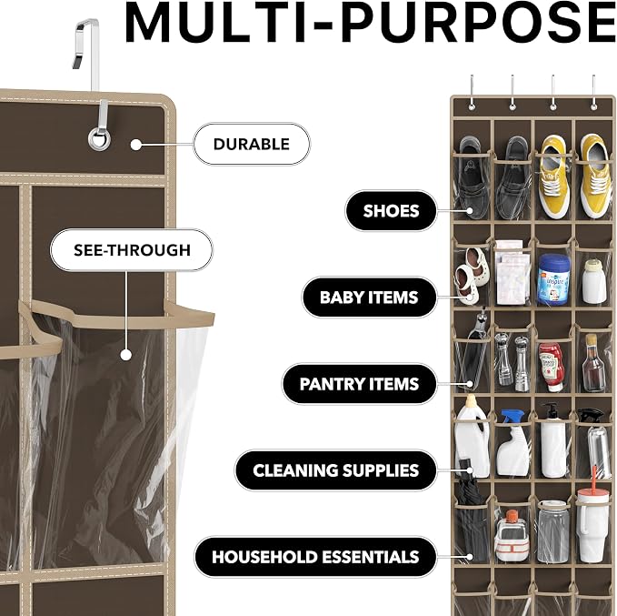Simple Houseware 24 Pockets Clear Over the Door Shoe Organizer, Brown | 64" x 19", 4 Durable Metal Hooks, 4.3" x 9.5" Pocket Size, Multipurpose - Image 5