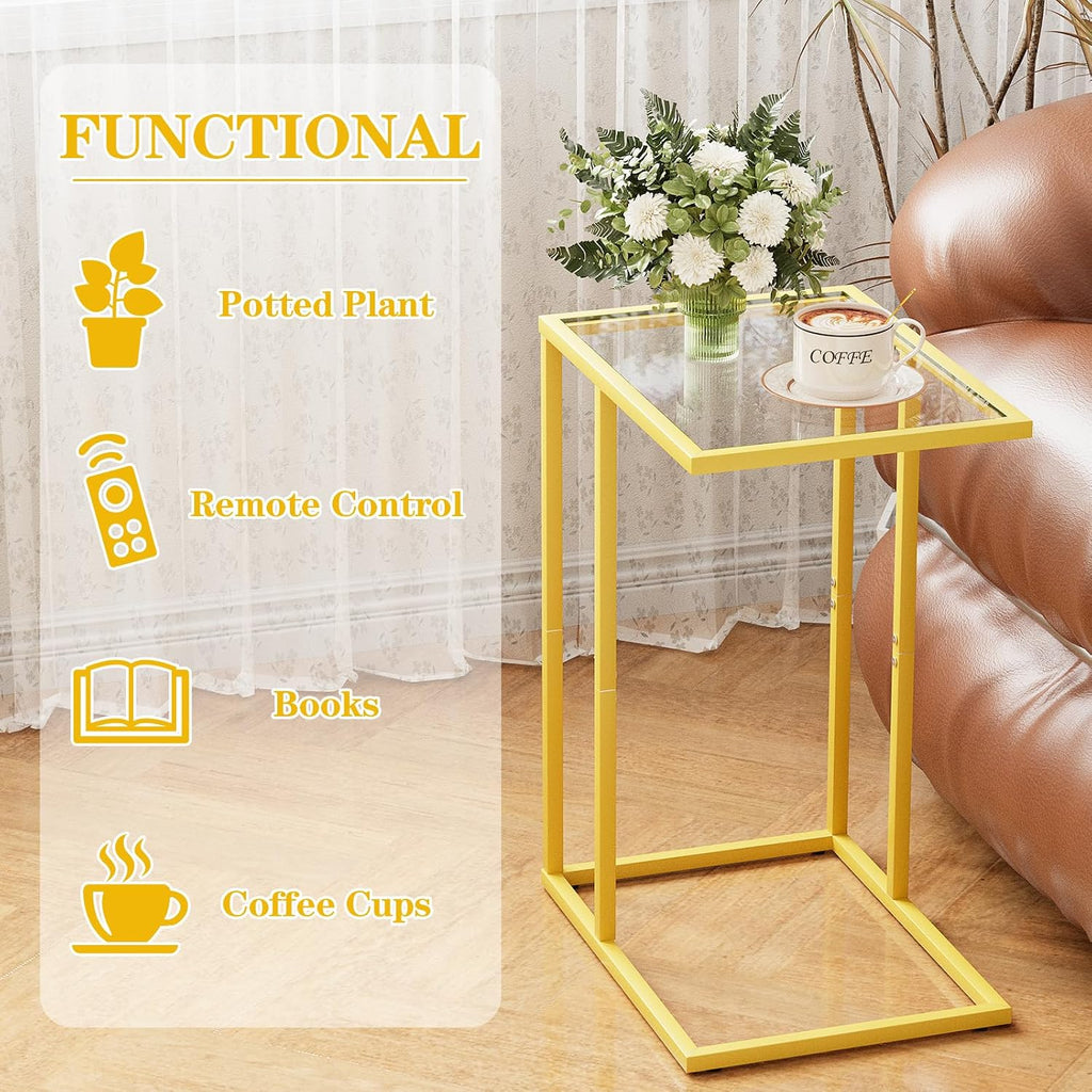 C Table Side End Table, Small C Shaped Table for Sofa,Glass Couch Sofa Tray Snack Table for Living Room, Bedroom,TV Tray Table for Small Space,Accent Coffee Table,Nightstand with Metal Frame(Yellow) - Image 4