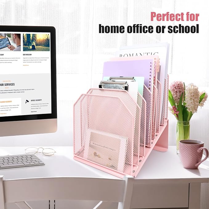 SUMMORO Inclined File Organizer for Desk, 7-Section Vertical File Holder | Office Desk Organizer Metal Rack File Folder, Wire Mesh Desktop Document Sorter, for Office School Classroom Home (Pink) - Image 2