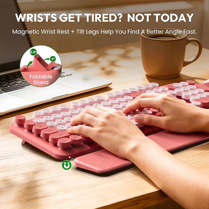 Wireless Keyboard and Mouse Combo, Typewriter Keyboard with Magnetic Wrist Rest, Full-Size Cute Round Keycaps, Sleep Mode, 2.4G Keyboards for Mac/Windows/PC, Office or Home, Trueque CK23Pro | Full-Size, Round Keycaps, Smart Sleep Mode, 2.4GHz Stable Co... - Image 3