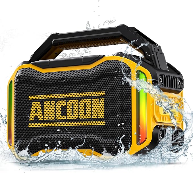 ANCOON Speakers Bluetooth Wireless: 80W(Peak) Loud Speaker with Bass, 20H Playtime, IPX6 Waterproof, Large Jobsite Speakers for Work, Outdoor, Workshop, Garage, Portable Speaker with TWS (Yellow) by ANCOON