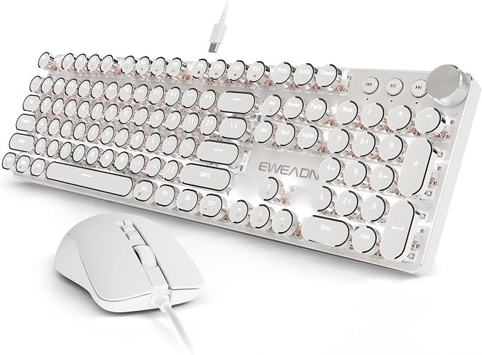 EWEADN Wired Typewriter Keyboard and Mouse Combo, Typewriter Style Mechanical Keyboard,104 Keys Backlit LED Keyboards, Media Control Knob, Wired Keyboard White Switch for Windows/PC-White by SEUNKWANG