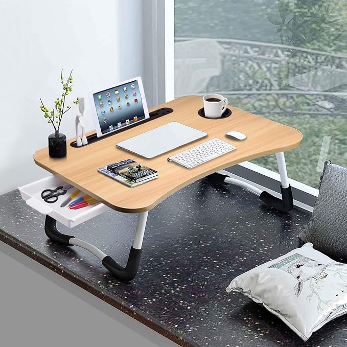 Slendor Bed Desk for Laptop and Writing with Storage, Cup Holder, Light | Fan, Pen Holder,Tablet Holder,Foldable, for Bed, Couch, Floor, Portable,Walnut - Image 2