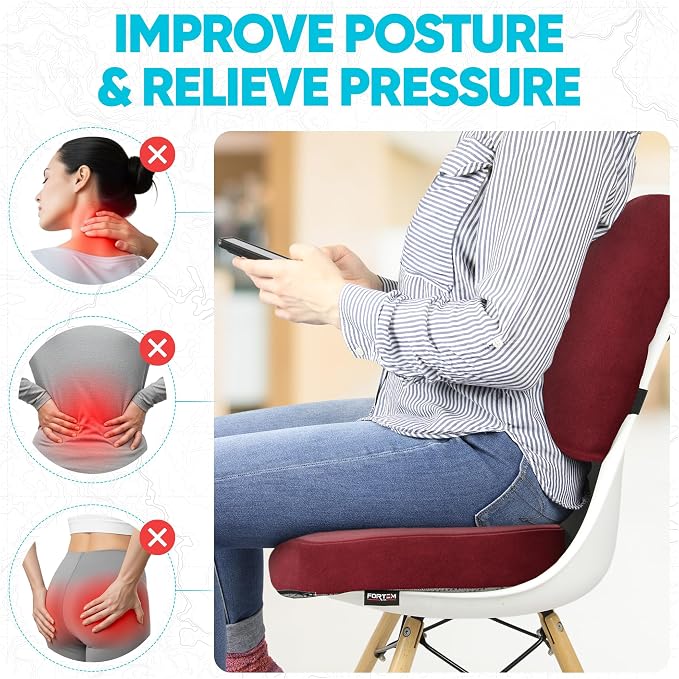 FORTEM Seat Cushion & Lumbar Support for Office Chair, Wheelchair, Car | Memory Foam | Ergonomic Design | Washable Cover | Non Slip | Red - Image 5
