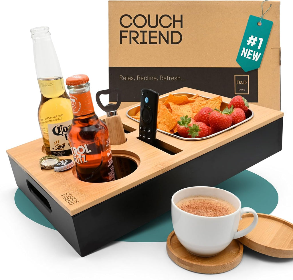 D&D Living® Couch Caddy - Bamboo Couch Console | Anti-Spill Drink and Cup Holder | Snack Organizer Tray for Sofa with Bottle Opener by D&D Living