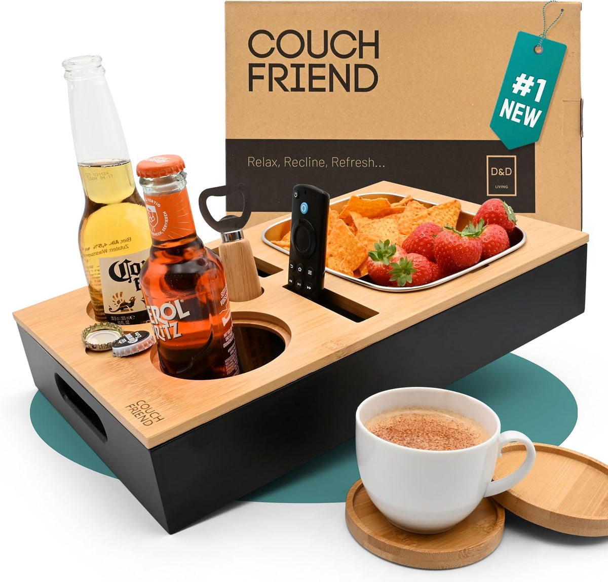 D&D Living® Couch Caddy - Bamboo Couch Console | Anti-Spill Drink and Cup Holder | Snack Organizer Tray for Sofa with Bottle Opener by D&D Living