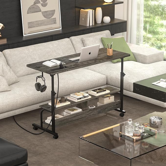 47" Rolling Standing Desk with Charging Station for Couch Bed | Height Adjust 27.5-41", 2 AC/3 USB, Mobile 4 Lockable Wheels, 2-tier Shelves Hook, Safe Corner Fast Assembly - Image 8