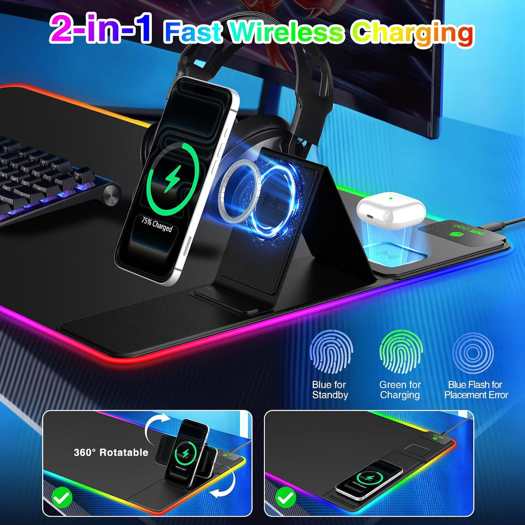 RGB Gaming Mouse Pad with Magnetic Wireless Charging & Foldable Phone Stand - Image 2