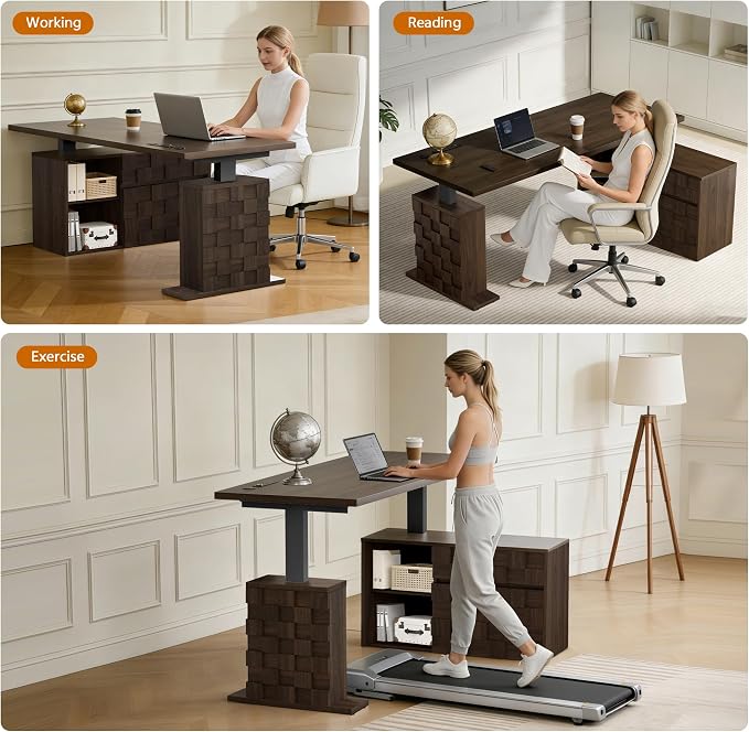 67" L Shaped Standing Desk with Drawers Electric Corner Desk Brown | Adjustable Sit Stand Office Desk with 4 AC Outlets & Type C Port, Executive Computer Desk with Cabinet - Image 8