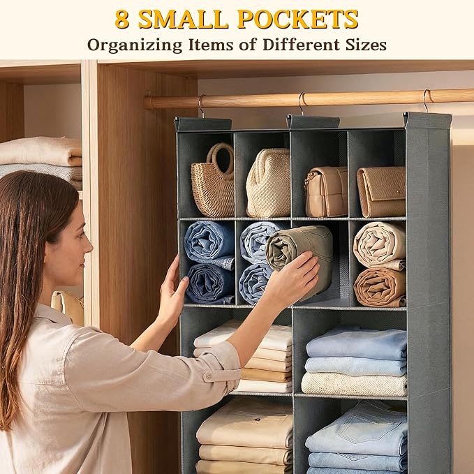4 Tier Hanging Closet Organizer, 12 Compartments Dual Row Storage, Grey | Closet Organizers and Storage with Large & Small Cubbies, 3 Sturdy Hooks Support Heavy Loads, for Dorm, RV, Garment Rack - Image 4