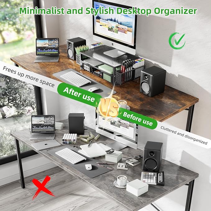 Simple Trending Monitor Stand with Drawer, 2-Tier Laptop Stand, Black | Desk Organizers and Accessories with Drawer and 2 Pen Holders, Sturdy Metal Stand Riser for Home Office, 20"W x 10"D x 5.8"H - Image 9