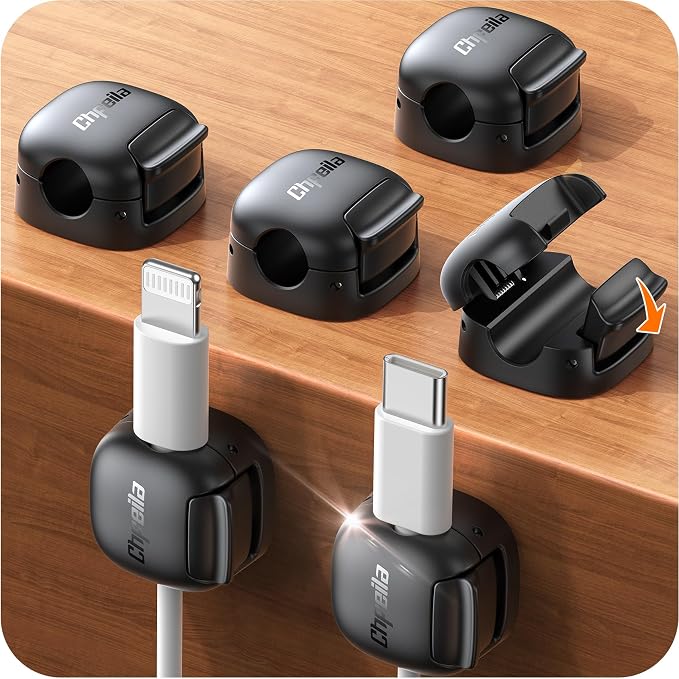 6Pack Cord Organizer, Chfeila Spring Cable Clips [1s Lock] Cable Management, Cute Cord Holder for Nightstand Home Office Desk Accessories Women Men,Girls Guys College Dorm Room Essentials Decor, Black by Chfeila