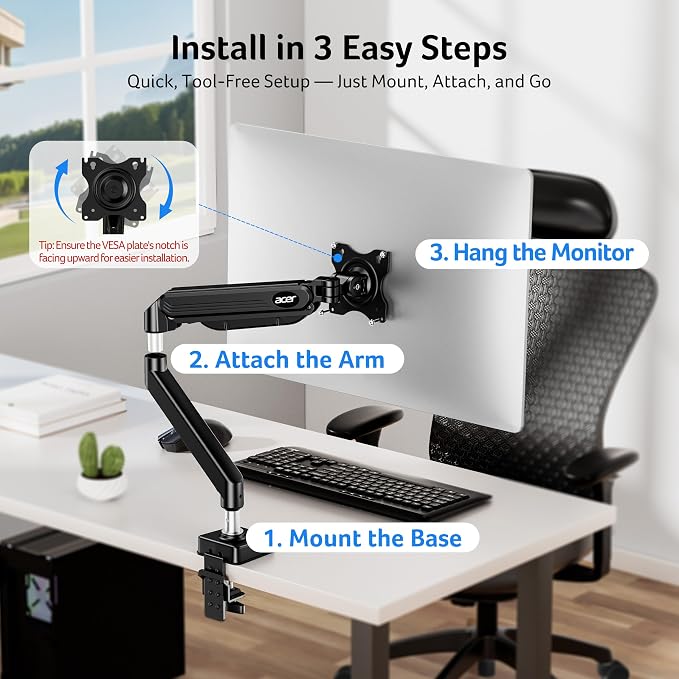 Acer Single Monitor Mount, Fully Adjustable Monitor Arm Fits 17-34" Screens | Gas Spring VESA Mount with C-Clamp & Grommet Base, Computer Desk Arm with Tilt Swivel Rotate Supports 4.4-19.8 lbs - Image 6