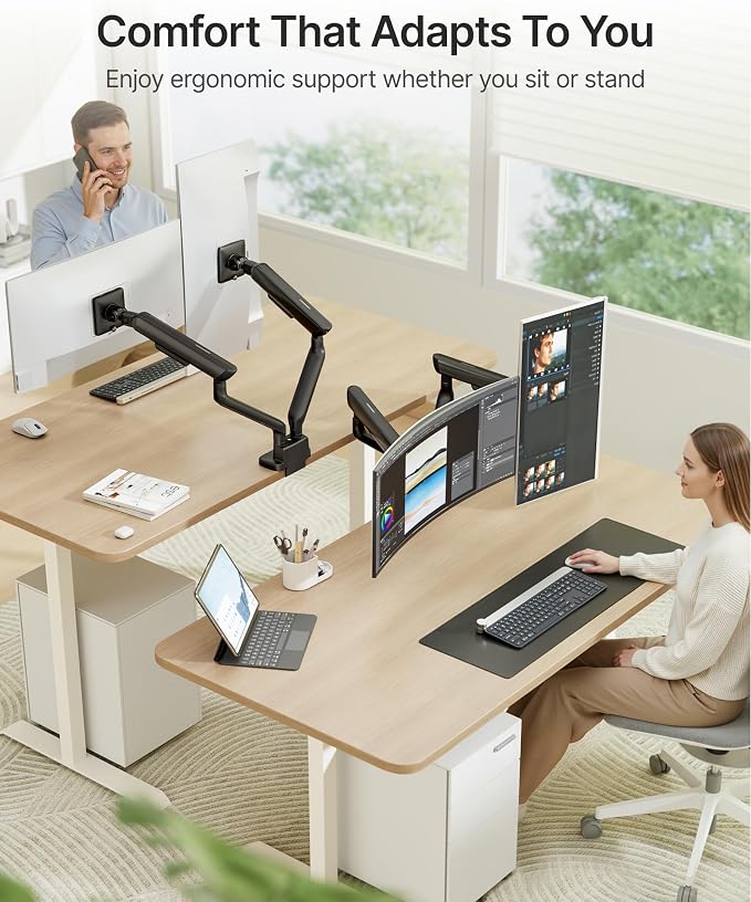monTEK Mechanical Spring Dual Monitor Arm with USB for 27 32 34inch Screens | Black, Built-in One-Way Bearing, Holds 26.4 lbs, VESA 75/100mm, C-Clamp/Grommet Base & Cable Management, Office, Home, Game - Image 9