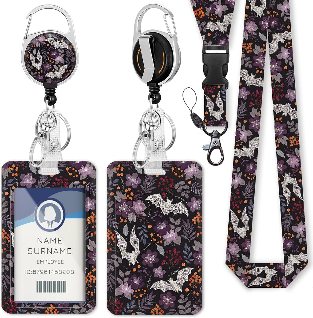 Goth Lanyards for ID Badges, Bat Flower id Holder with Lanyard by Gctriki