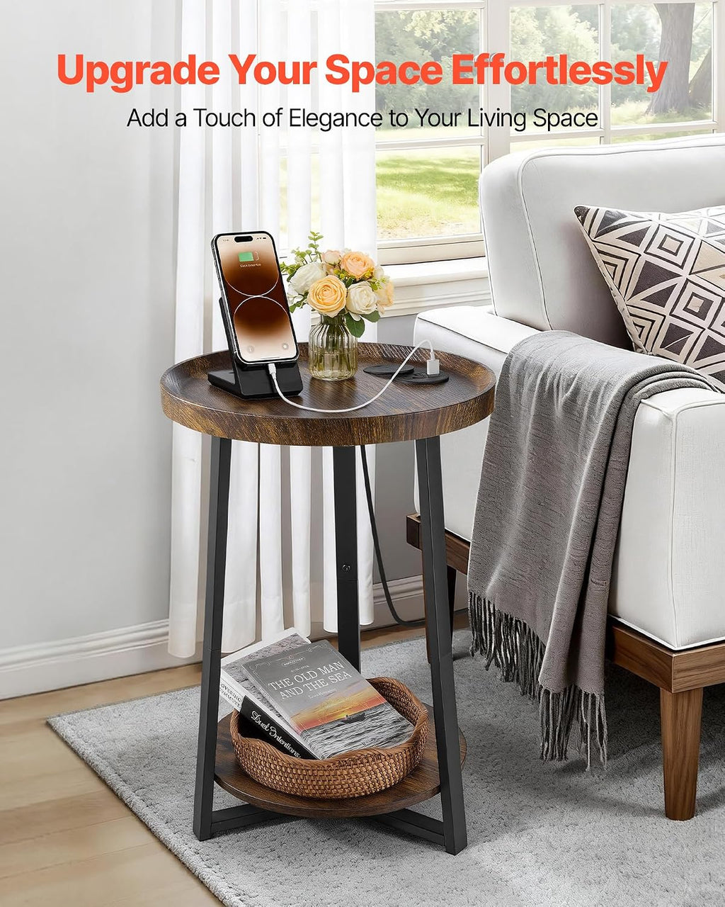 VEVOR Round Side Table with Charging Station, 15.7" Metal Round End Table with Storage Shelves, 4.9ft Power Cord, Modern Nightstand for Bedroom, Living Room, Office – Brown - Image 4