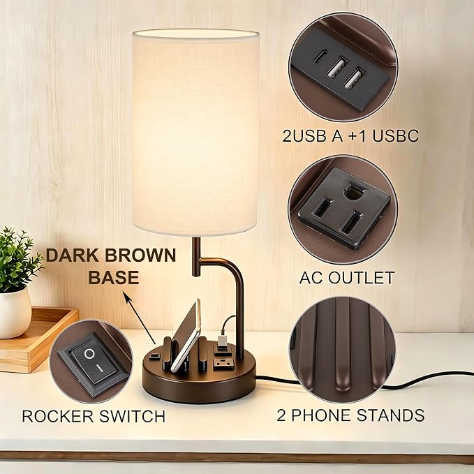 Dreamholder 2 Pack Table Lamp, Bedside Lamp with 3 USB Charging Ports & AC Outlet, USB Desk Lamp with 2 Phone Holders, Linen Fabric Shade Nightstand Lamps for Bedroom Living Room Office, Dark Brown - Image 2