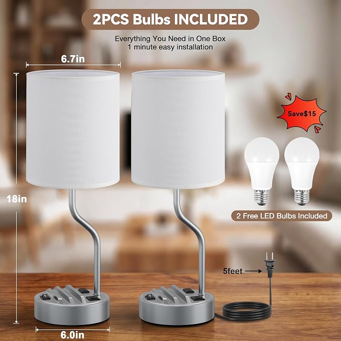 Bedside Lamp for Bedroom Set - 18" Grey Table Lamp for Nightstand | Phone Stand, USB A+C Ports, AC Outlet, 3 Color Temperatures, LED Bulb Included, Desk Lamp for Living Room/Dorm,2-Pack - Image 6