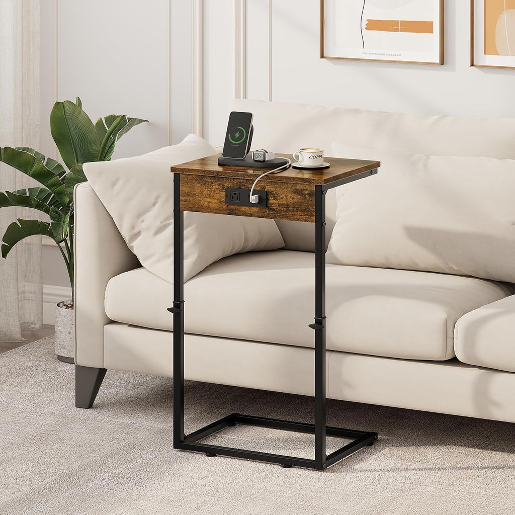 C Shaped End Table with Charging Station, Adjustable Height Side Table for Couch, Small Side Table, 33.2'' Tall Couch Tables that Slide Under, Tv Tray End Table for Living Room, Rustic Brown - Image 2