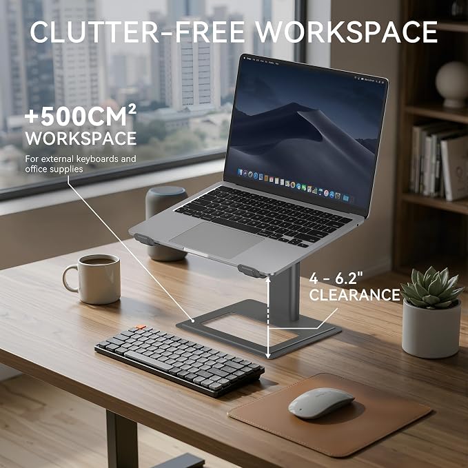 SOUNDANCE Adjustable Laptop Stand, Ergonomic Aluminum Riser for 10-17.3” Notebooks, Ventilated Metal Holder with Height Alignment for Desk Workspace, Grey - Image 6