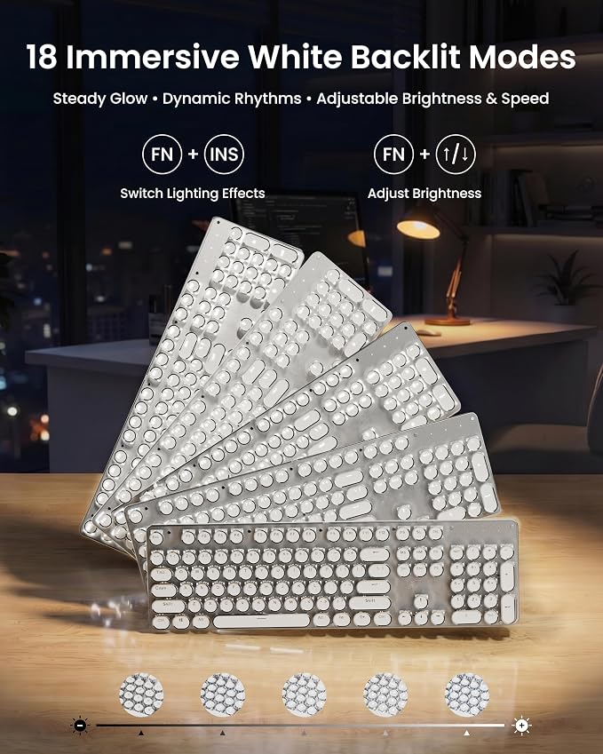 Wireless Typewriter Style Mechanical Keyboard with White Backlit, White | Bluetooth/2.4G/Wired, Clicky Blue Switch, Retro Keycaps, Rechargeable, Aesthetic Set for Mac, Windows, PC（EWEADN） - Image 3