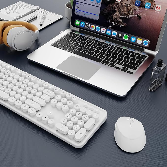 Wireless Keyboard and Mouse Combo, Ergonomic Full Size Typewriter Retro Round Keycaps Keyboard, Compatible with Windows, PC, Perfer for Home and Office Keyboards（White） - Image 9