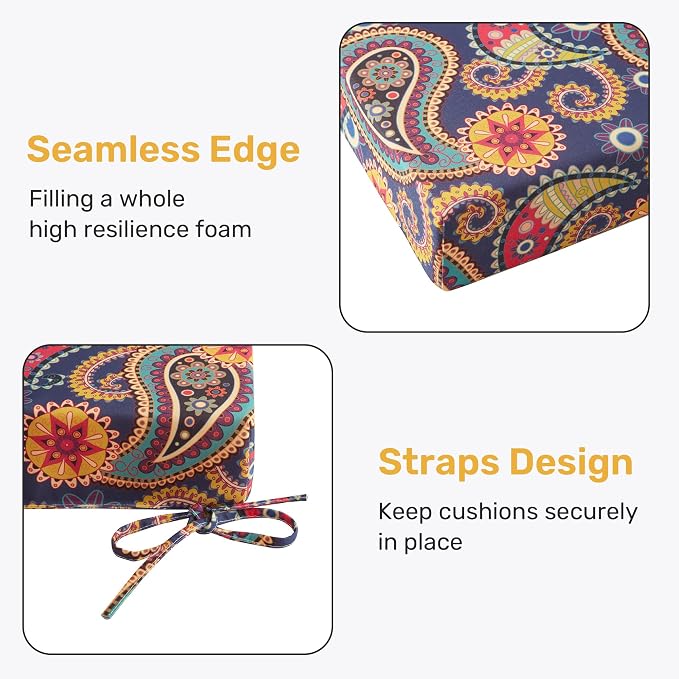 UNIKOME Outdoor Chair Cushions Pack of 4, Water Resistant Patio Cushions with Ties, High Density Sponge Filling Square Corner Seat Cushions for Outdoor Furniture, 18.5"*16"*3", Palmira Paisley - Image 4