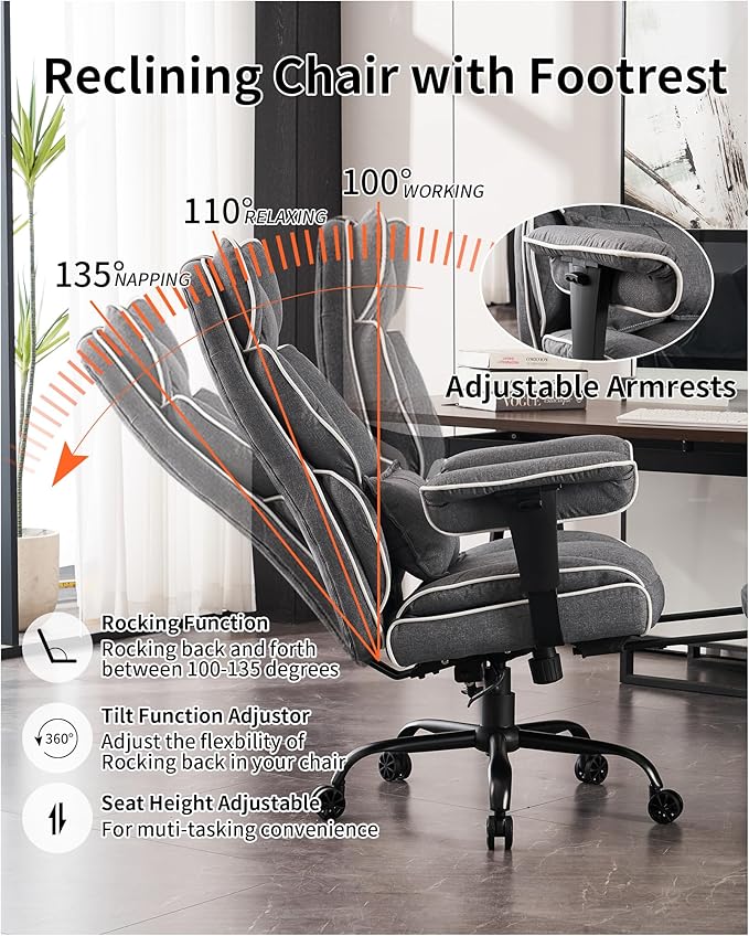 Efomao Fabric Office Chair, Big and Tall Office Chair 400 lb Weight Capacity, High Back Executive Office Chair with Foot Rest, Ergonomic Office Chair for Back Pain Relief, Gray | 400lbs support, 135° recline, dual-layer foam cushion, 23.5" seat & footrest - Image 4