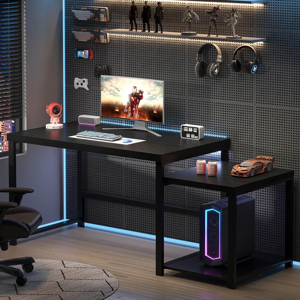 Large Home Office Desk, Black Computer Desk with Storage Shelves, Modern Wood Writing Study Gaming Table for Bedroom Living Room, 63 Inch - Image 7
