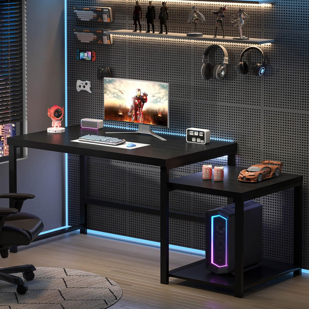 Large Home Office Desk, Black Computer Desk with Storage Shelves, Modern Wood Writing Study Gaming Table for Bedroom Living Room, 63 Inch - Image 7