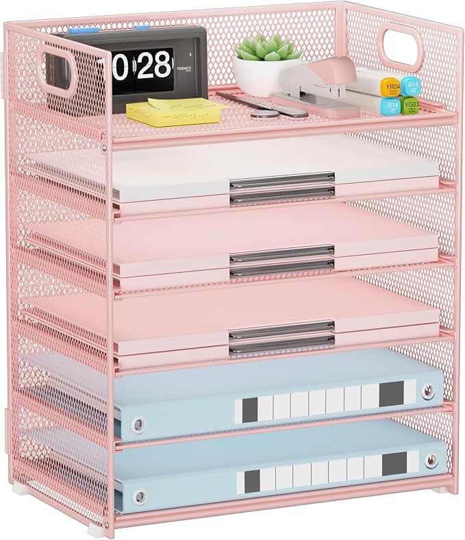 Pink Paper Organizer for Desk with Handle, 6-Tier | Metal Mesh File Organizer, Stackable Desktop Organizer for Office Supplies & Stationery Storage by Kinkota