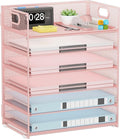 Pink Paper Organizer for Desk with Handle, 6-Tier | Metal Mesh File Organizer, Stackable Desktop Organizer for Office Supplies & Stationery Storage by Kinkota