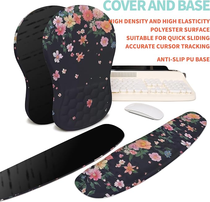 2-in-1 Ergonomic Set, Wave Rise Keyboard Wrist Rest and Massage Bulge Slope Mouse Pad Wrist Support, Cushion Memory Foam Integrated to Relieve Wrist Pain, Flower Dance - Image 6