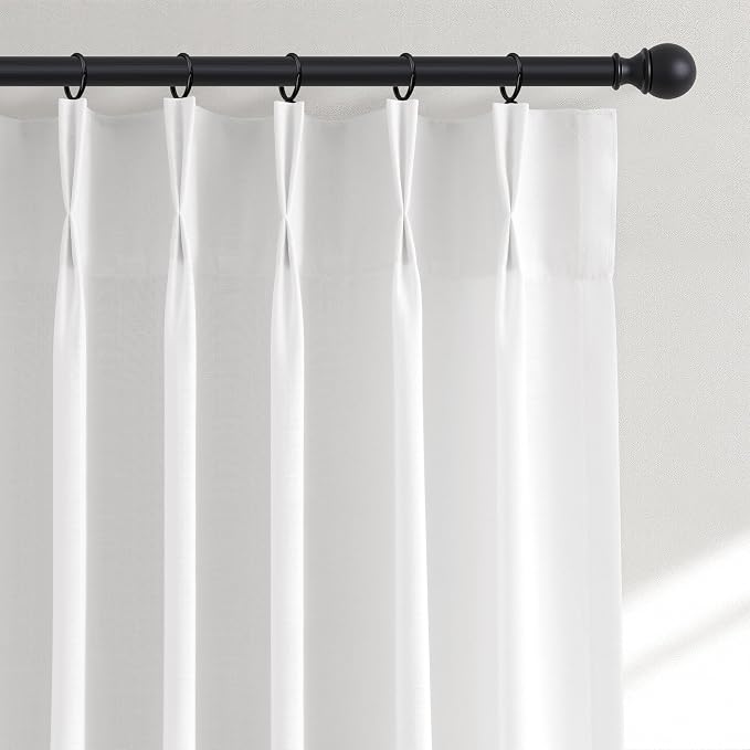 Hokibero White Pinch Pleated Linen Curtains 84 Inch Long for Living Room | Light Filtering Semi Sheer Curtain,Back Tab Hooks Rings,Modern Farmhouse Textured Privacy Drapes for Bedroom Window,2 Panels by Hokibero
