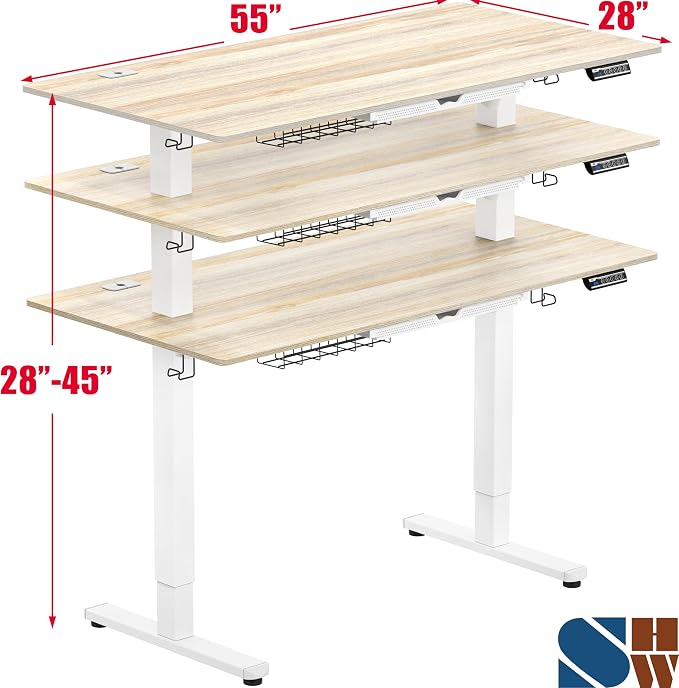 SHW 55 x 28 Electric Height Adjustable Standing Desk w/Drawer, Maple | w/ Memory Presets and Cable Management | Drawer with adjustable compartments | Hanging Hooks - Image 3
